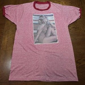 Vintage 70s Farrah Fawcett Red Ringer Graphic T-shirt Size Small Swimsuit Model